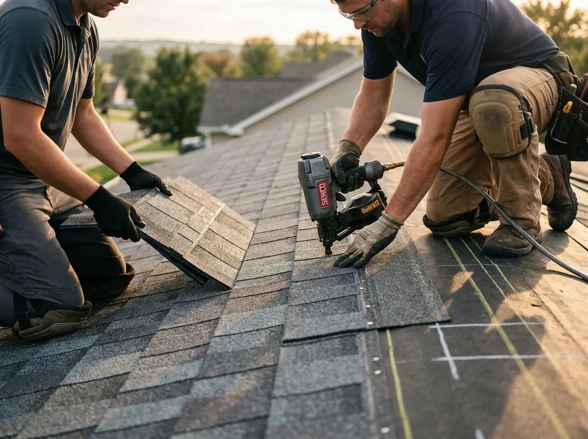 Professional roofer working on a residential roof in Waukesha